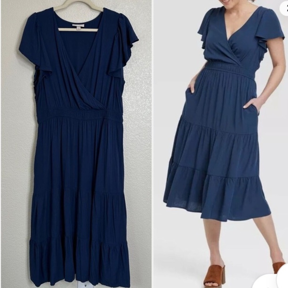 Knox Rose vneck flutter sleeve navy blue dress - Picture 4 of 6